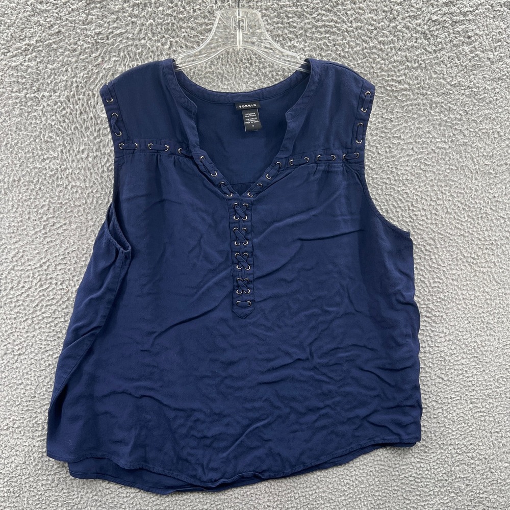 Torrid Womens Minimalist Peasant Blouse 3X Navy Boho Lace Up Sleeveless Casual